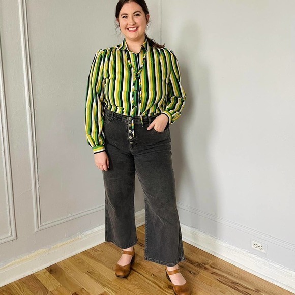 Vintage 80s Yellow and Navy Striped blouse - Picture 2 of 4